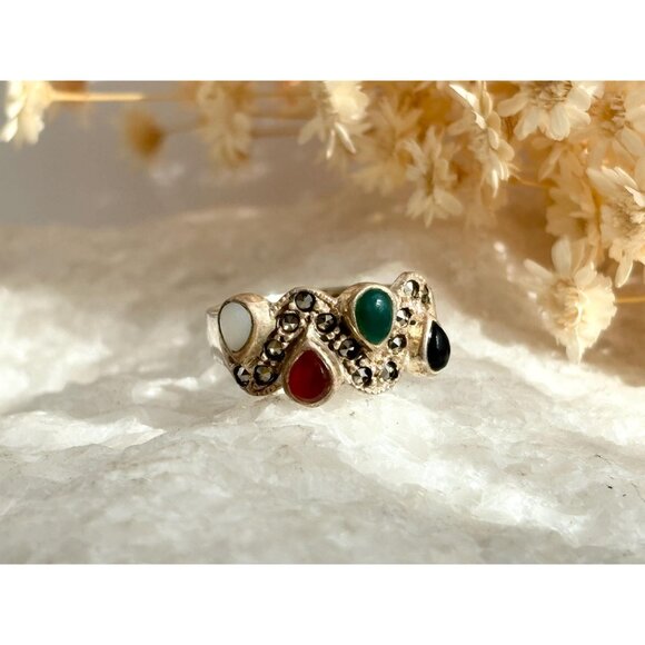 Multi Gemstone SW Style Wavy 925 Sterling Silver Vintage Ring - sz 7.5 - Picture 2 of 14